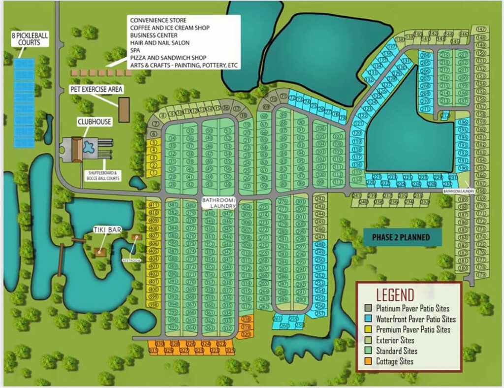 Resort at Canopy Oaks in Lake Wales, FL Phase 1 map of RV sites and amenities