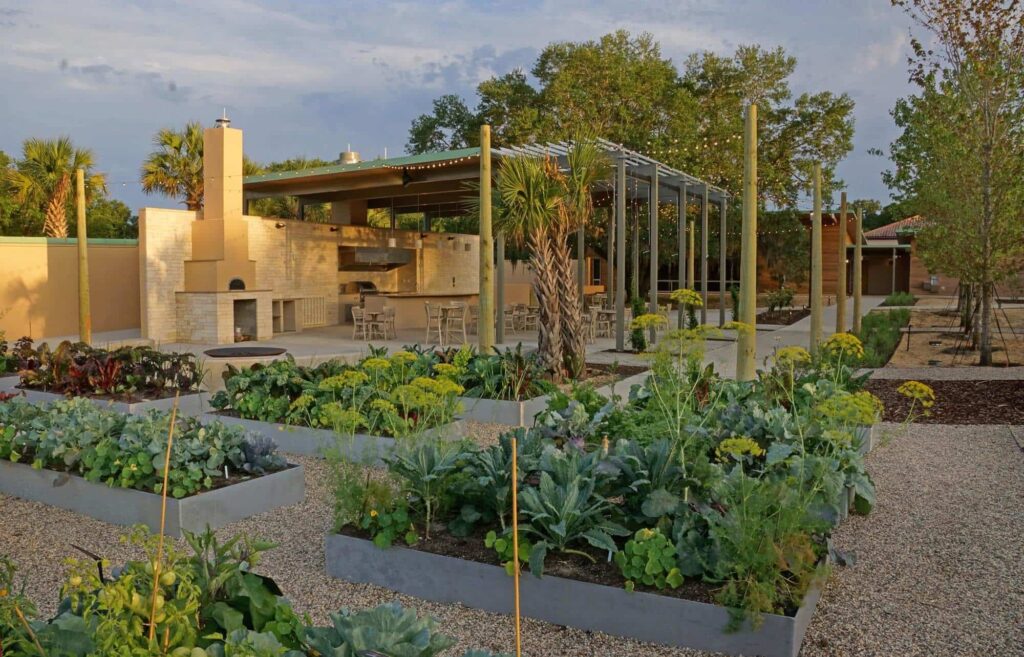 Outdoor kitchen and gardens beds at Bok Tower Gardens in Lake Wales, FL