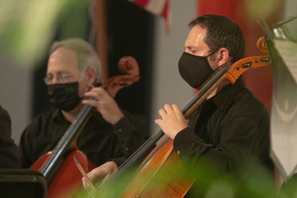 Imperial Symphony Orchestra chamber ensemble wearing masks during performance in photo for Kingdom of Sweets